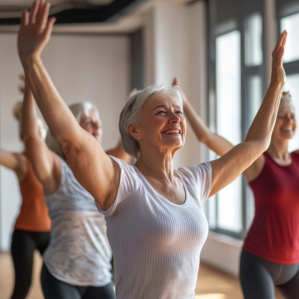 Група енергійних літніх людей на занятті з танцювального фітнесу