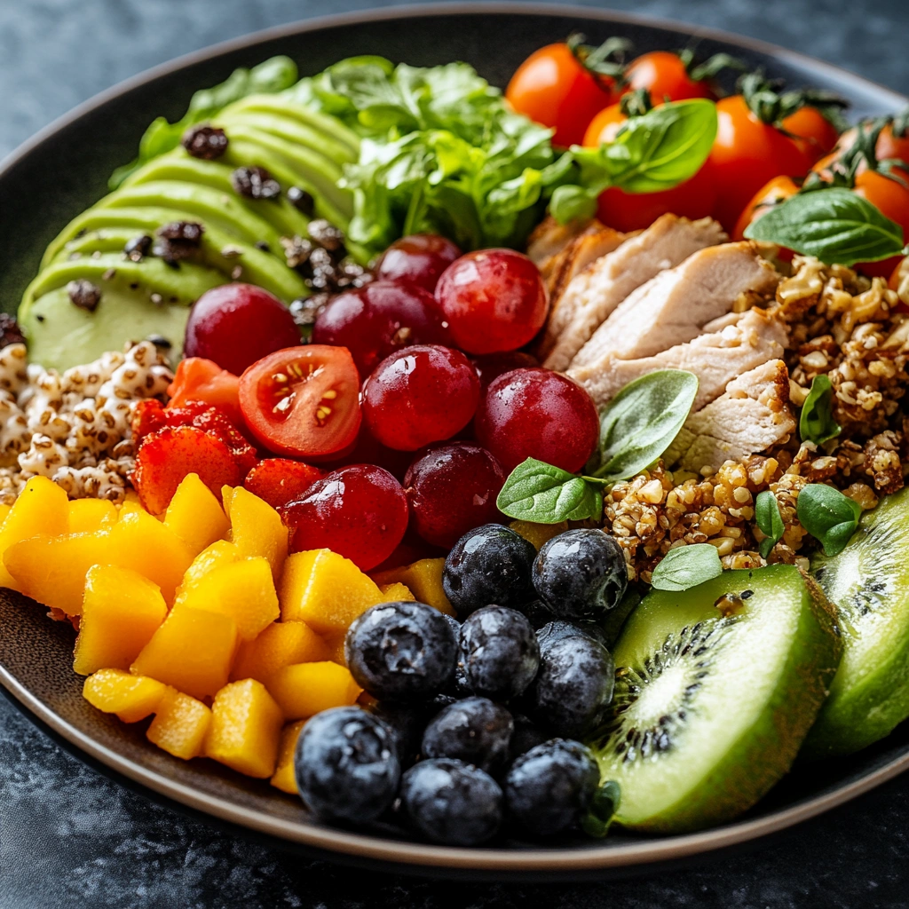 Збалансоване харчування з різноманітними фруктами, овочами та іншими корисними продуктами