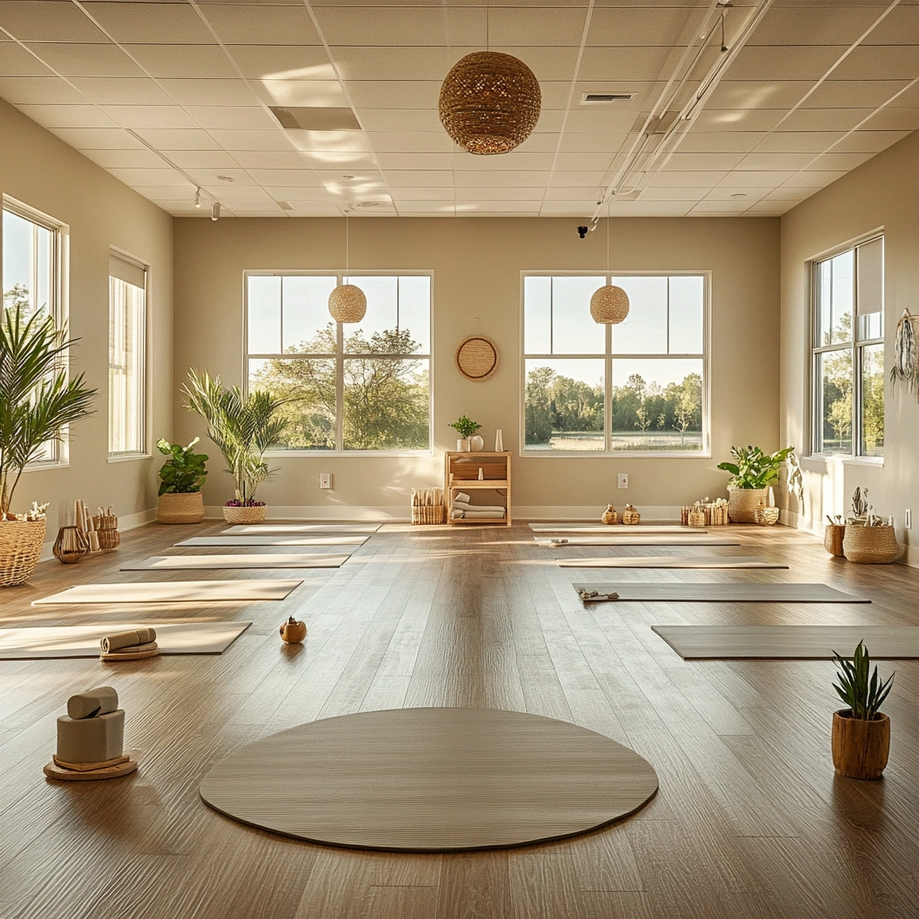 Затишна зала для йоги з м'яким світлом та всім необхідним обладнанням